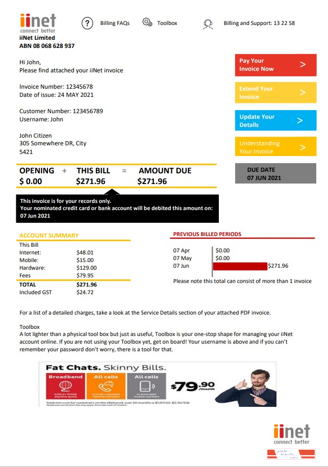 Australia iiNet utility bill